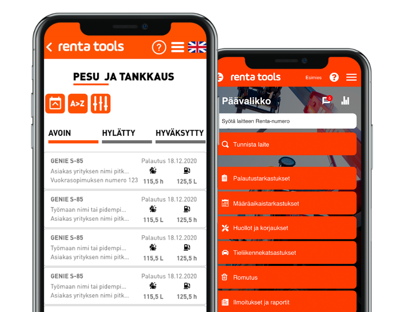 Renta Tools mobiilisovelluksen näkymä