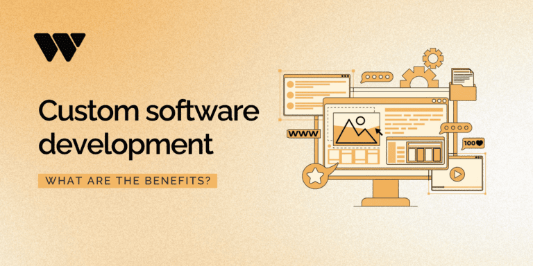 Graphic with an illustration and text "Custom software development benefits"