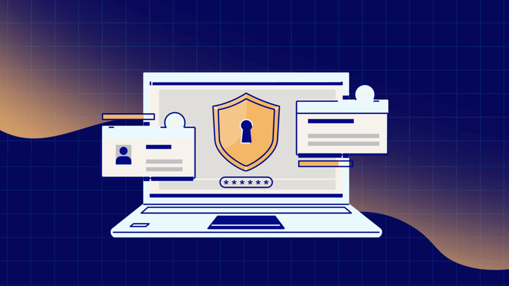A graphic of a computer with screen with a protection shield and password.