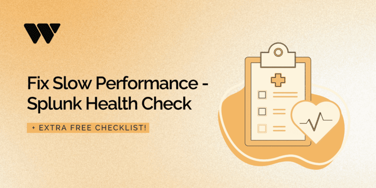 Banner graphic with text "Fix Slow Performance - Splunk Health Check + extra free checklist". Doctor's appointment card drawing placed on the right.