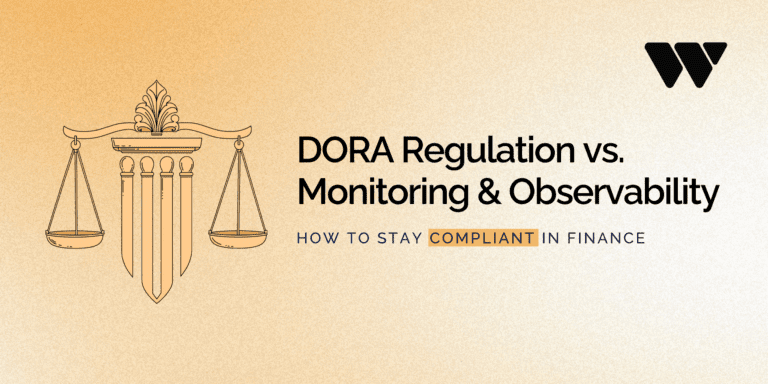 Illustration for a blog post titled “DORA Regulation vs. Monitoring & Observability: How to Stay Compliant in Finance,” featuring a justice scale icon on the left and the WeAre logo on the top right.