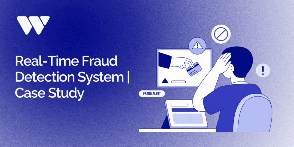 Graphic with text "Real-Time Fraud Detection System | Case Study". An illustration of someone who was scammed online.