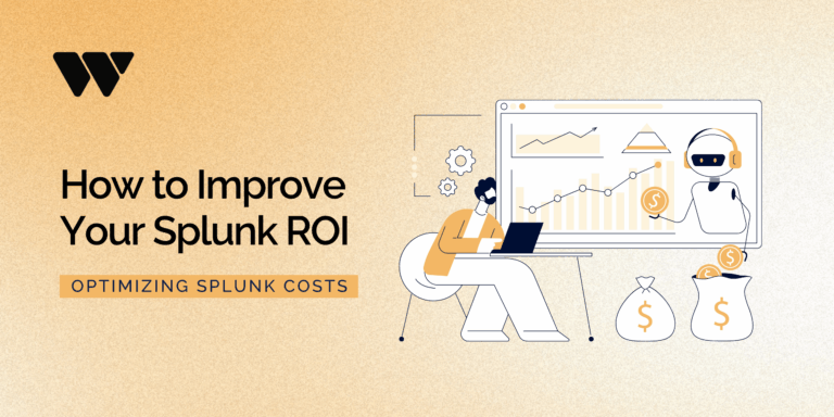 Article banner with graphic of man counting costs on computer with robot's help and the text "How to Improve Your Splunk ROI - Optimizing Splunk Costs"